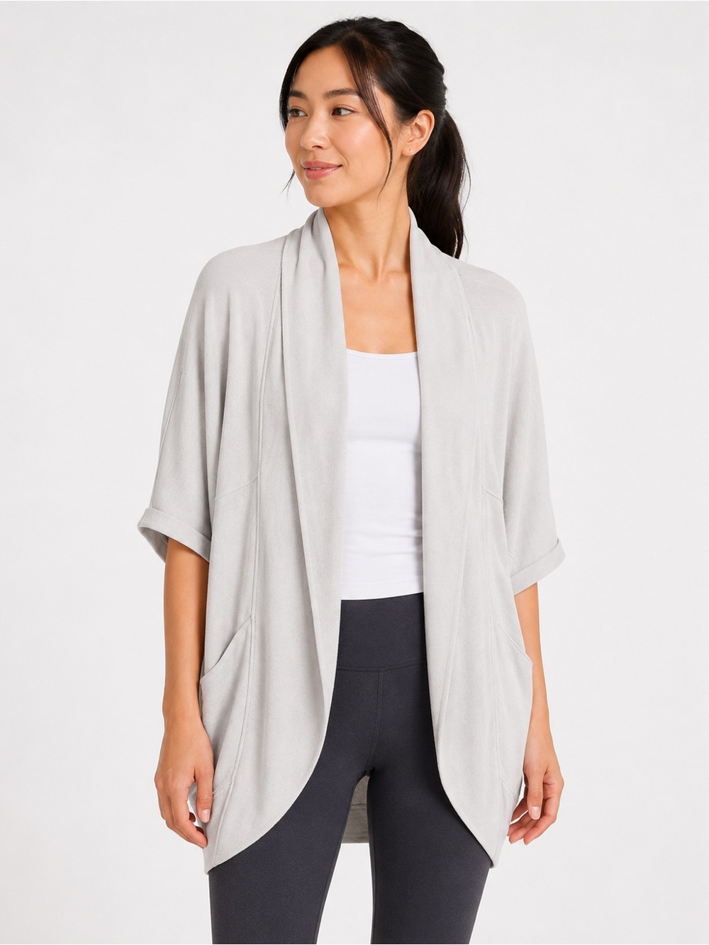Athleta Serenity Wrap Open Front Cocoon Cardigan Light Gray Yoga Womens S